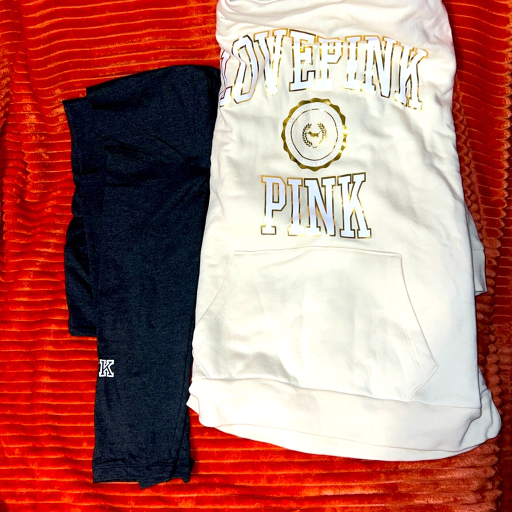 New Victorias Secret Pink Campus Hooded Pull Over & Legging Gift Set Beige.